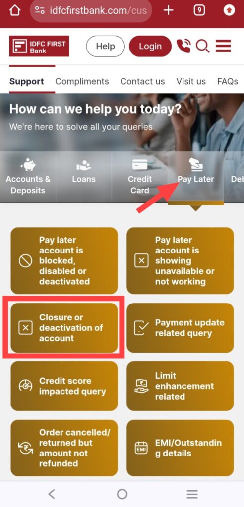 Close flipkart pay later though IDFC bank website